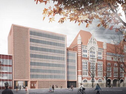 Visualisierung der Straßenansicht der neuen Fassade, einbgebunden in historische Gebäudefassaden