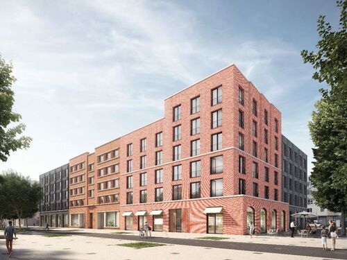 Visualisierung der roten Ziegelfassade mit öffentlichem Platz, Bäumen und Himmel