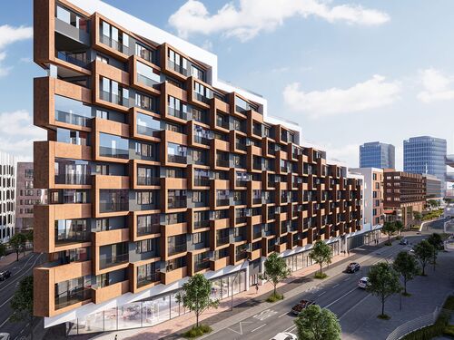 Visualisierung der futuristisch verschachtelten und langen Gebäudefassade mit Fenstern und Balkonen