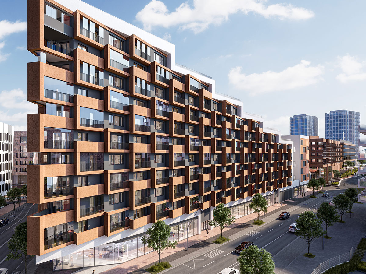 Visualisierung der futuristisch verschachtelten und langen Gebäudefassade mit Fenstern und Balkonen