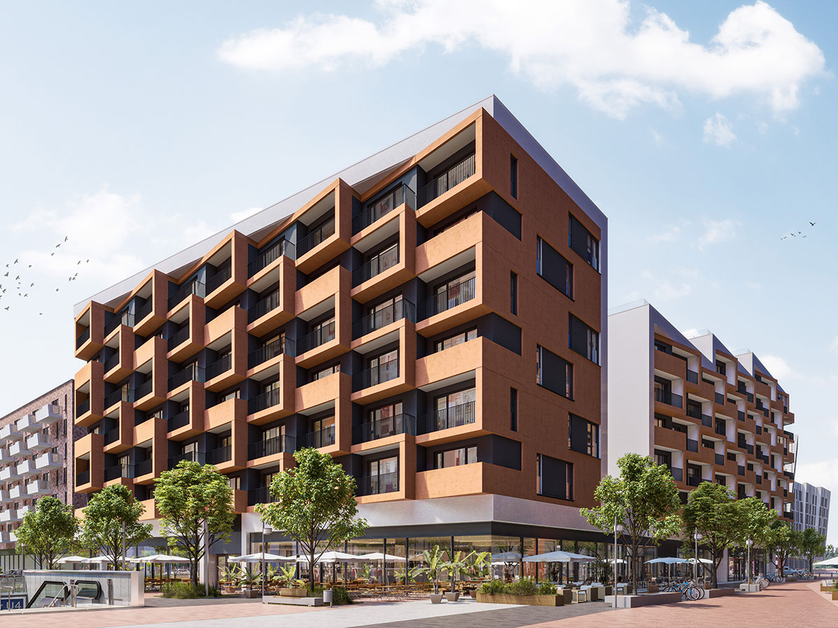 Visualisierung des Gebäudes von einem Platz aus mit Bäumen und Himmel