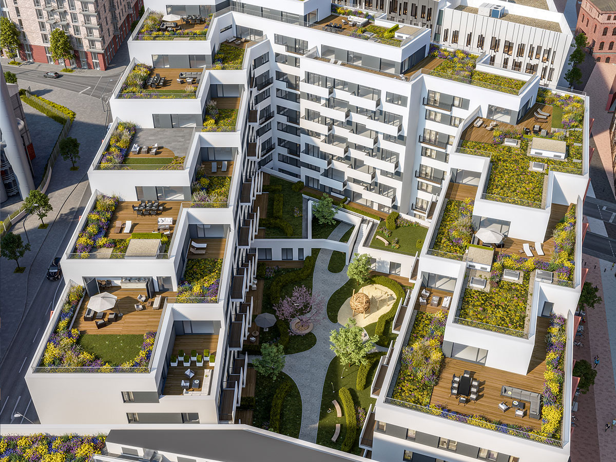 Visualisierung mit Blick auf das begrünten, terrassenförmig angelegte Dach und in den Innenhof