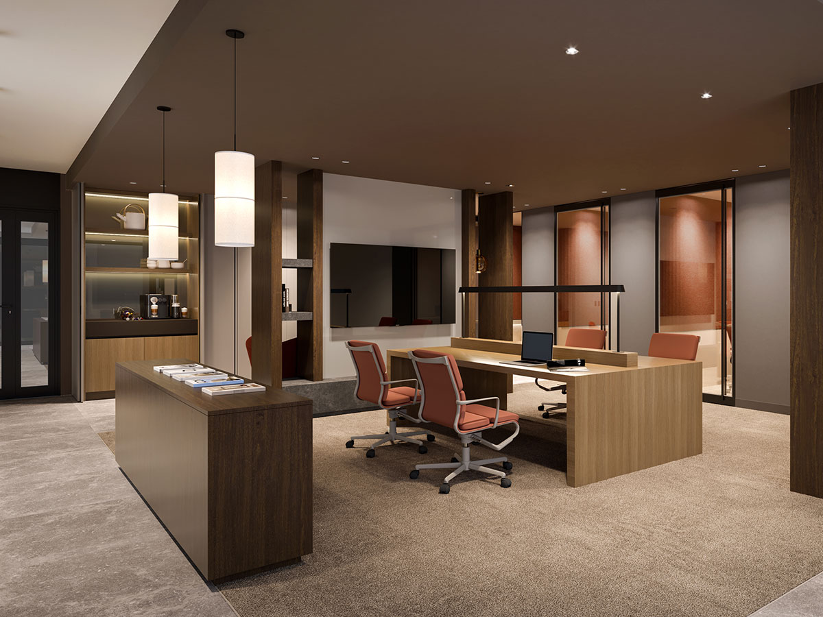 Innenvisualisierung eines Büroraumes mit Teppichboden und modernen Holzmöbeln