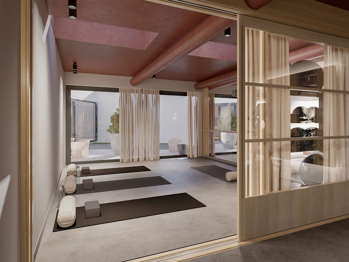 Visualisierung eines Innenraumes im modernen, asiatischen Stil und mit Jogamatten am Fußboden
