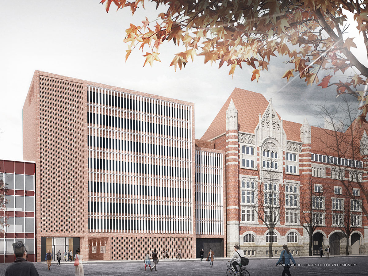 Visualisierung der Straßenansicht der neuen Fassade, einbgebunden in historische Gebäudefassaden