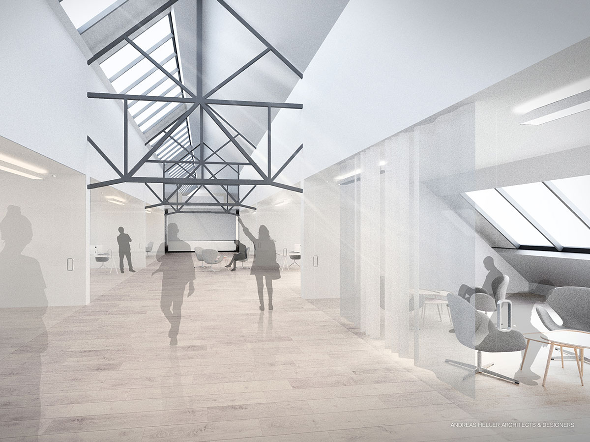 Visualisierung des zentralen Ganges inm Dachgeschoss mit Dachfenstern und Stahlkonstruktion im Giebel