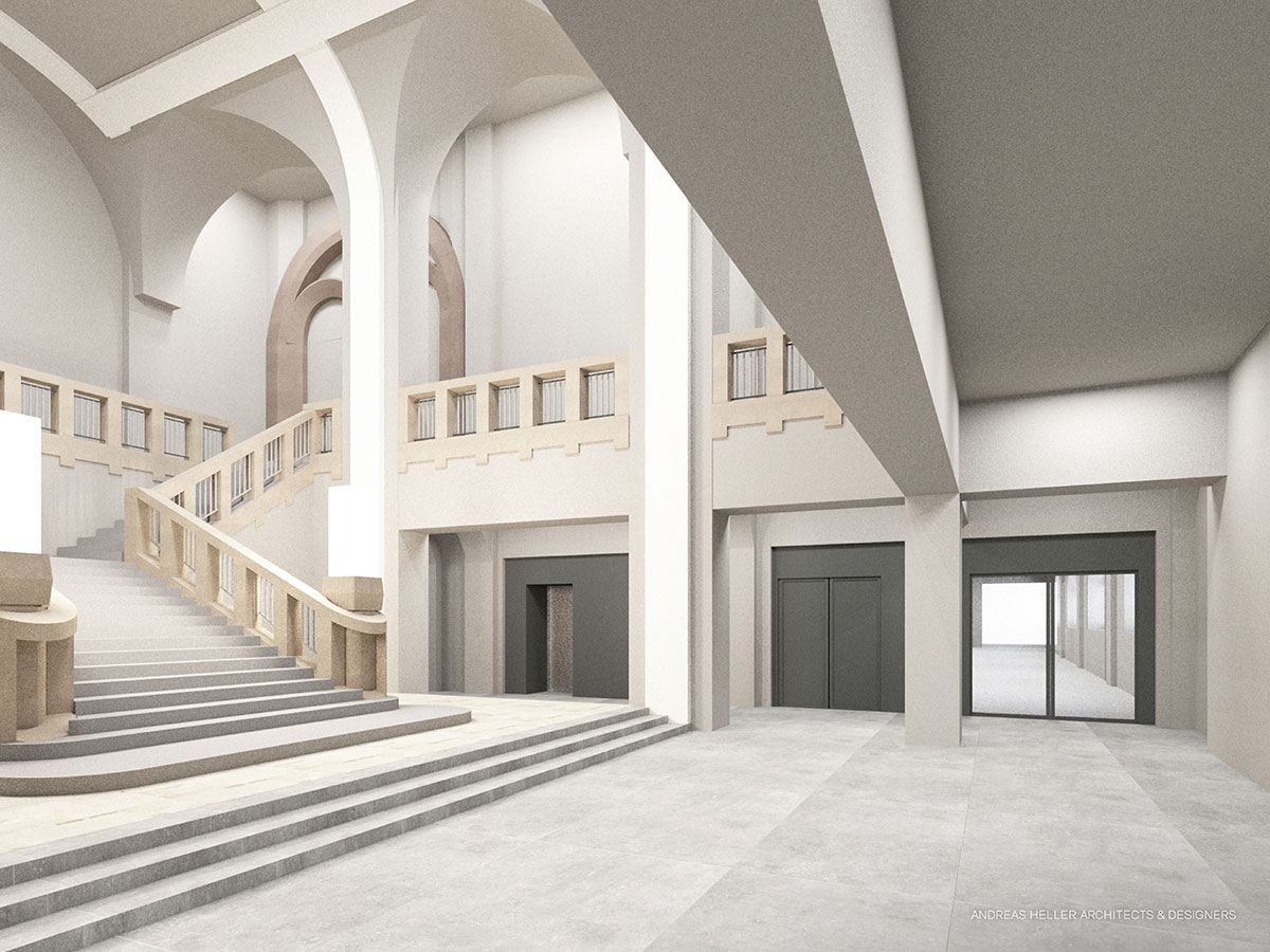 Innenbisualisierung vom großen, historischen Foyer mit seinem zentralen, monumentalen Treppenaufgang