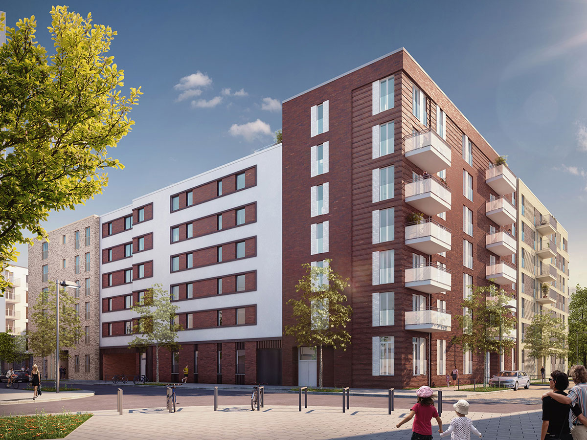 Visualisierung von einem Platz aus auf die Gebäudeecke aus roten Ziegeln und mit Balkonen. Bäume und Menschen im Vordergrund