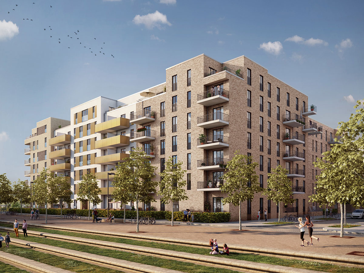 Blick vom Park auf die Fassaden des Gebäudeblocks mit Balkonen, Bäumen, Begrünung, Joggern und Kindern