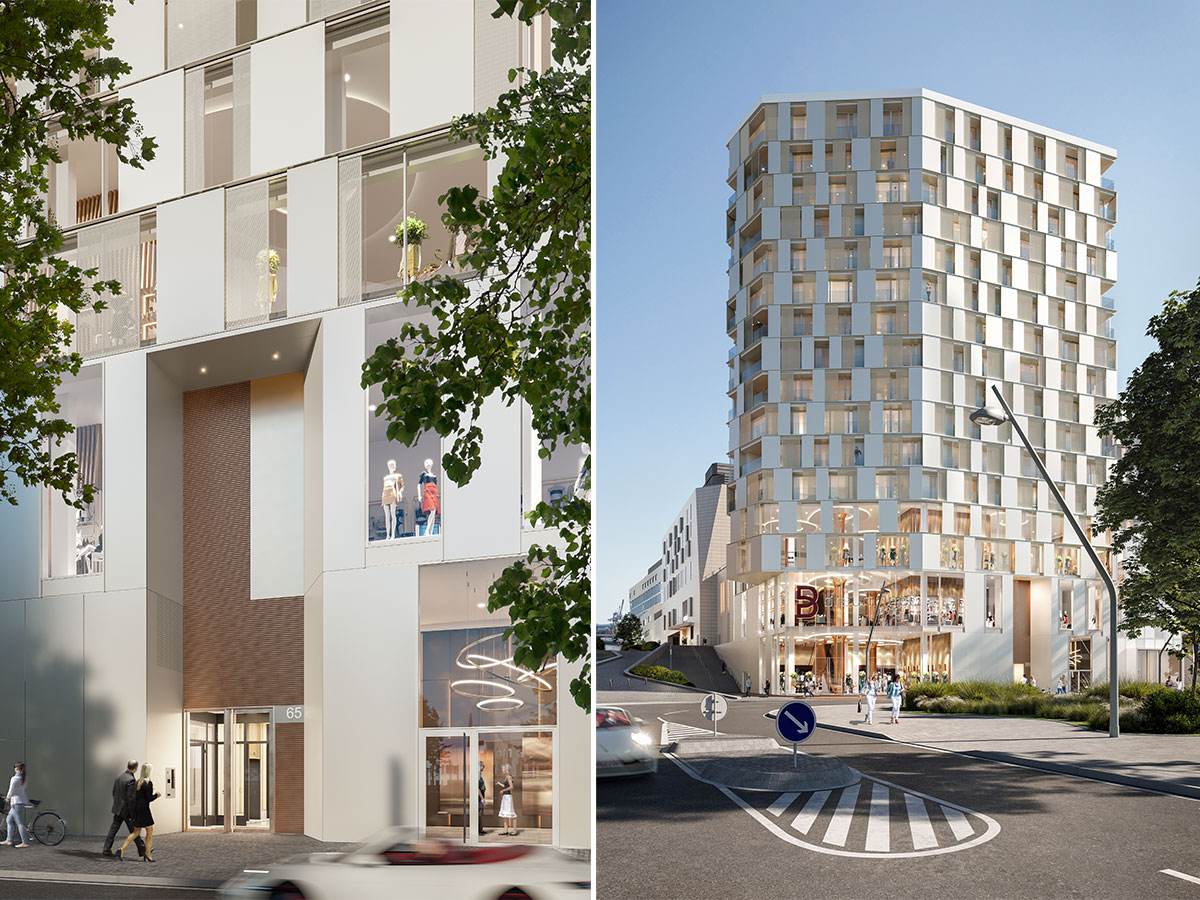 Ansichten der weißen und modernen Hochhausfassade von der Eingangsseite mit Straße und Himmel